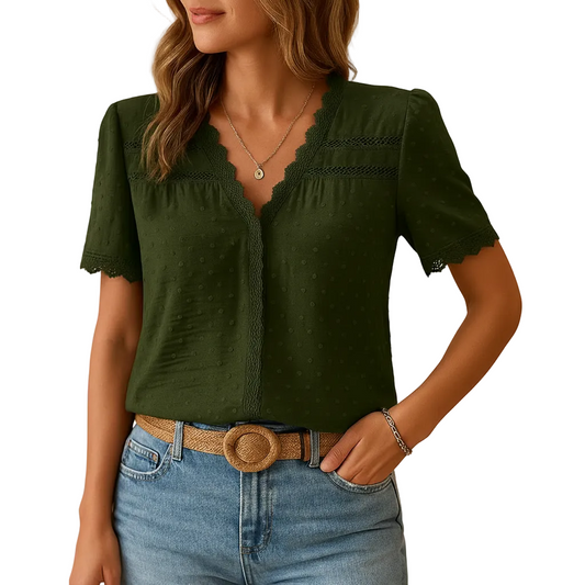 Women’s V Neck Blouse with Lace Accent and Soft Texture