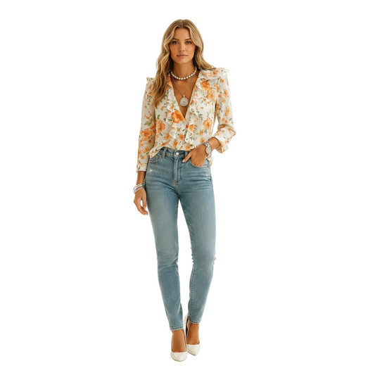 Women’s Long Sleeve Butterfly Pattern Blouse with Ruffle Detail