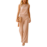 Round Neck Wide Leg Jumpsuit for Women with Flowing Fit